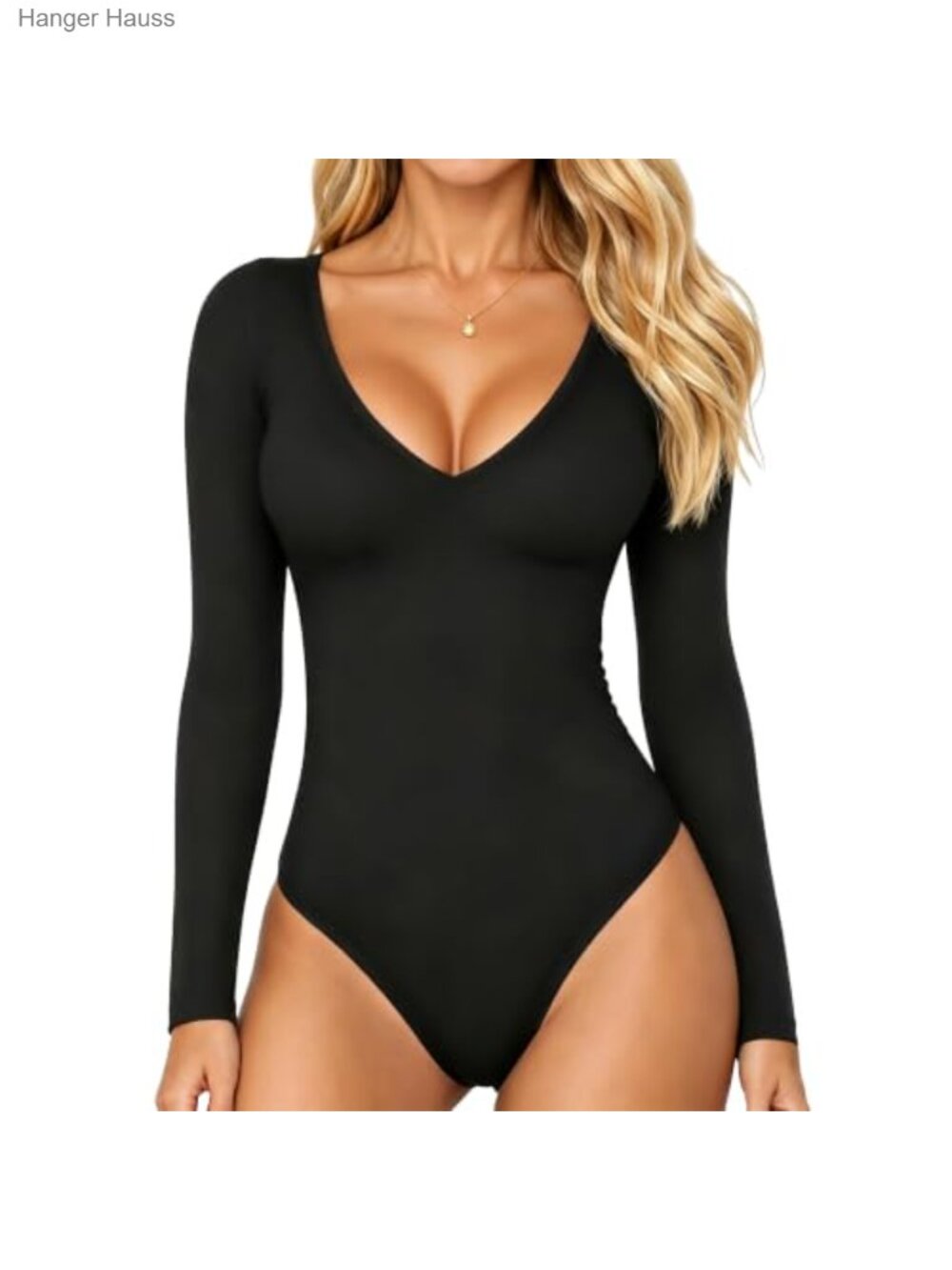 Deep V Neck Long Sleeve Bodysuit Snap Crotch Stretch Layering Top